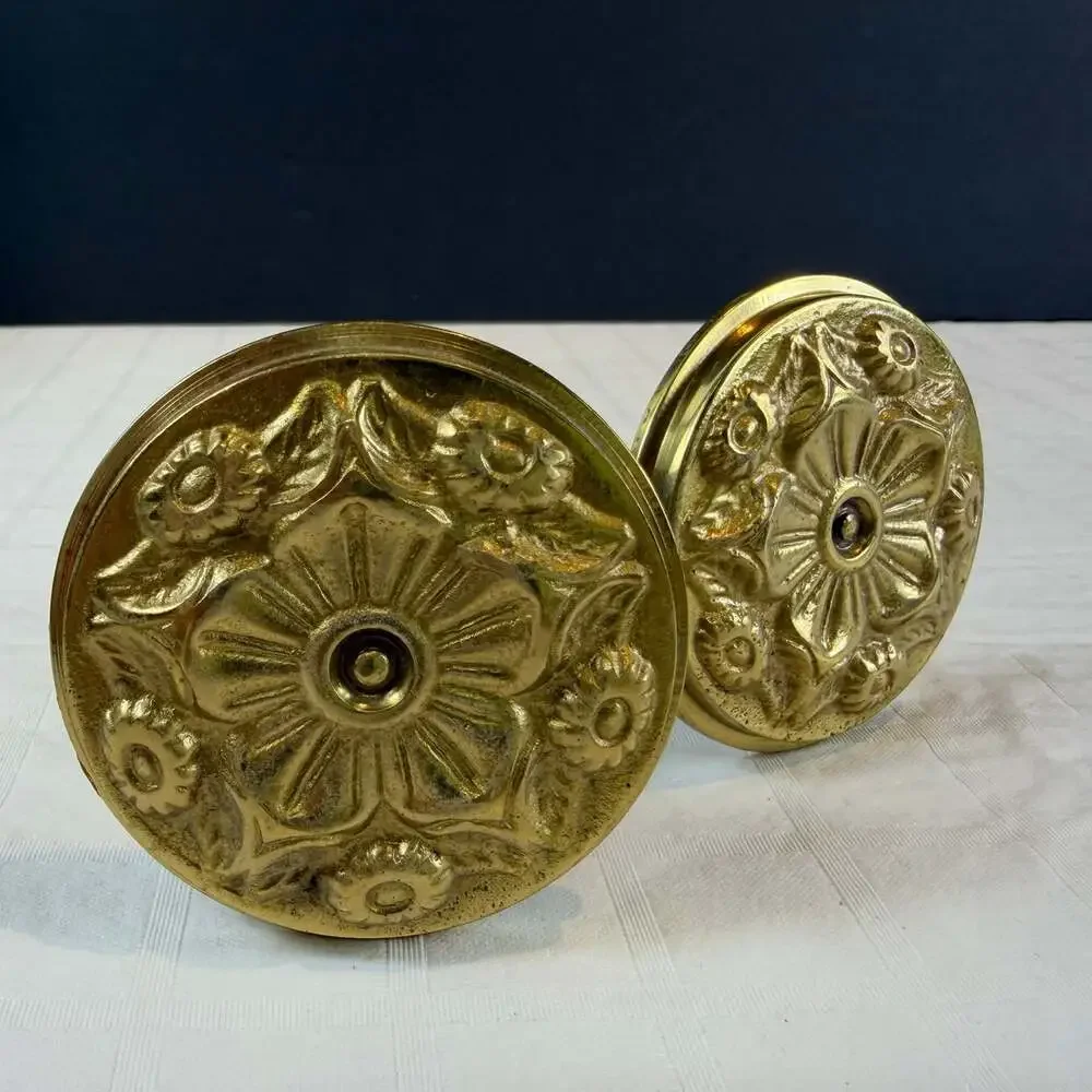 Pair of Vintage Brass Curtain Drapery Round Ornate Floral Tie Backs